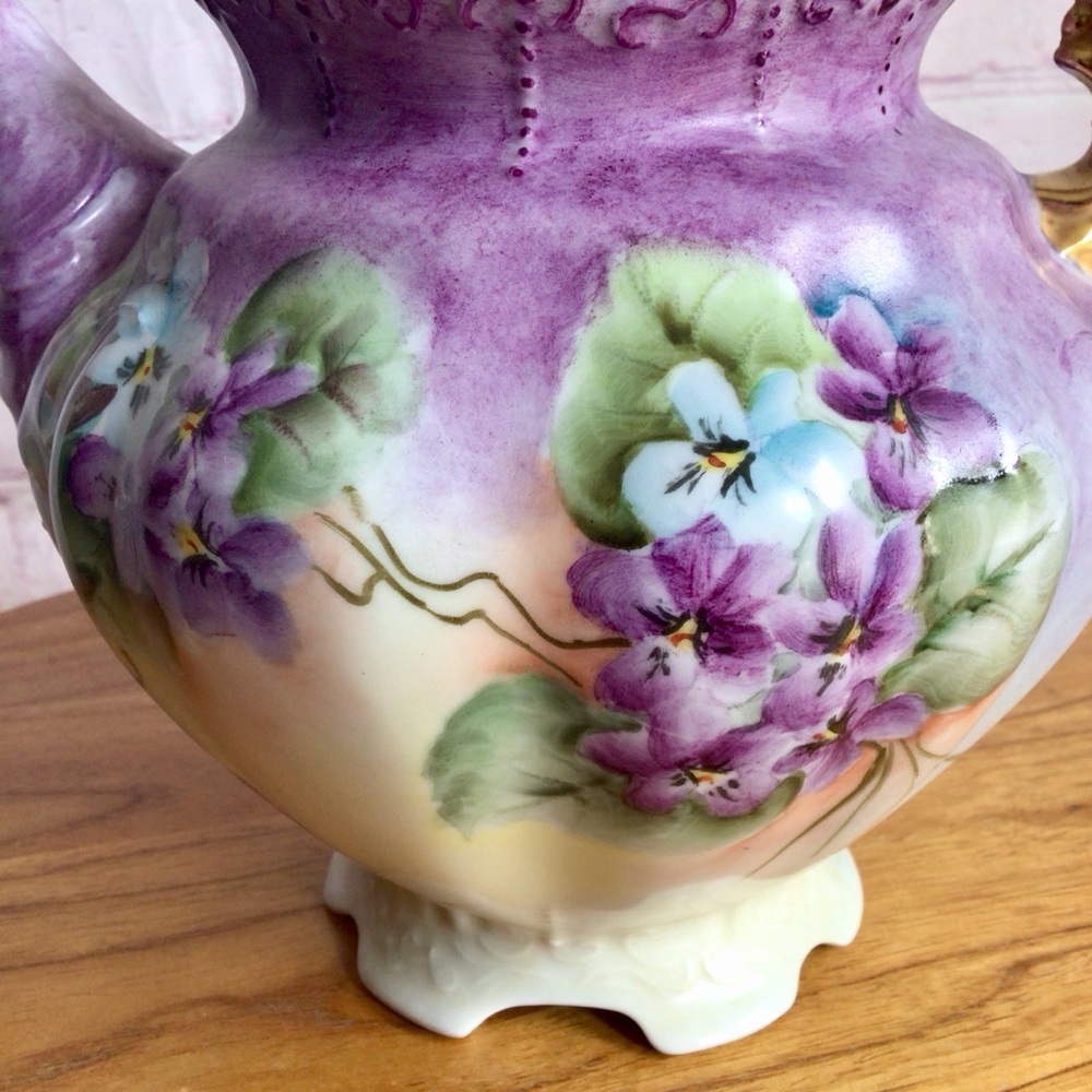 Vintage Signed Selb Bavaria Germany Purple and Blue Floral Footed Teapot - Picture 2 of 10